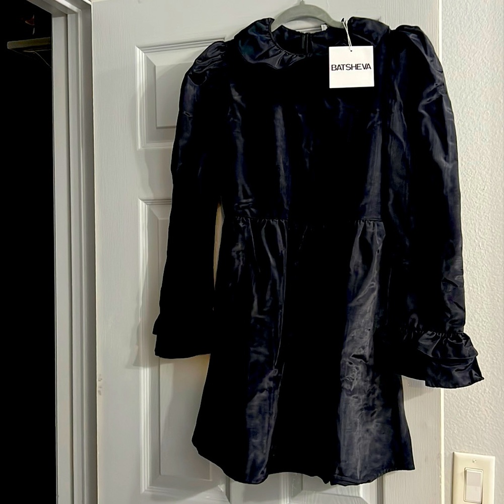 New Batsheva Mini Dress in Black with puffed shoulders, ruffles collar and cuffs